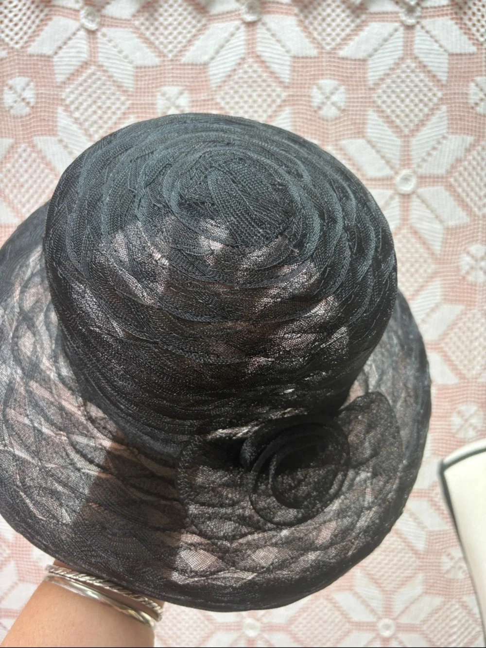 Black Sinamay Wide Brim Hat | Rosette Detail | Occasion - Picture 6 of 8
